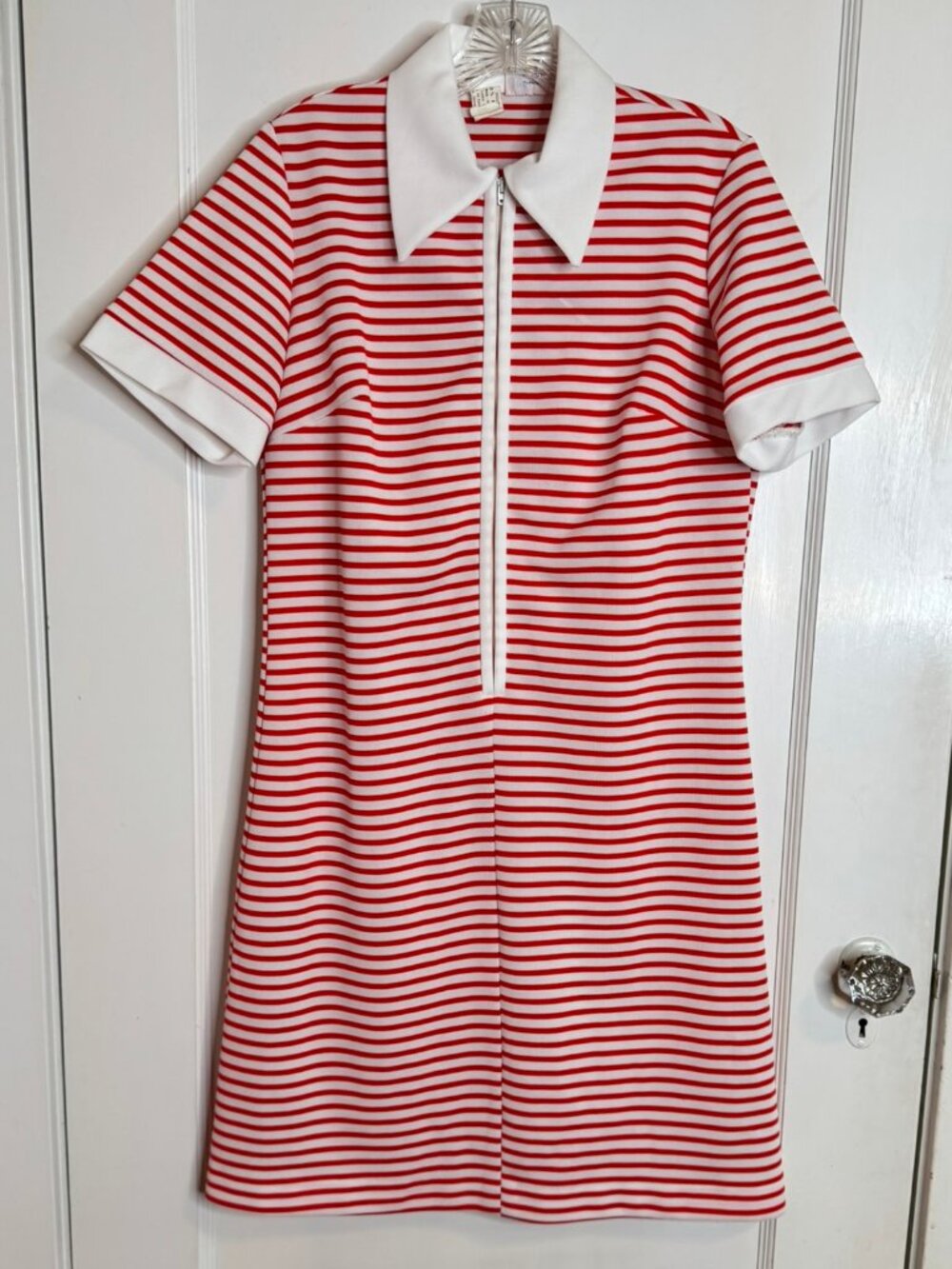 Vtg Red & White Knit Short Sleeve Collared Zipper Front Twiggy Mod Dress sz L